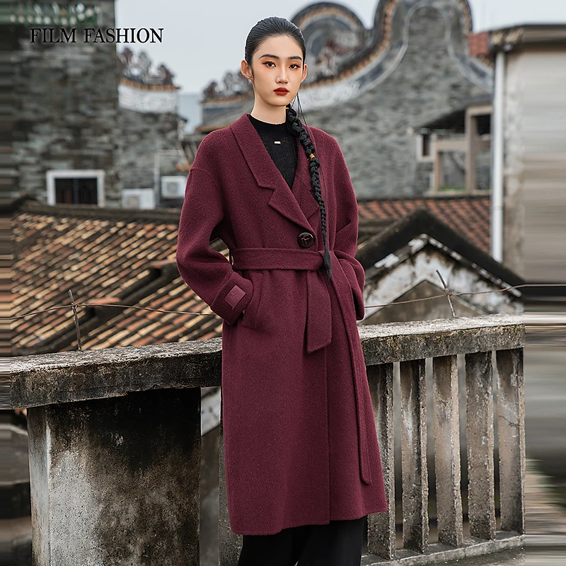 一电影一时装冬季新款玛瑙红大衣绵羊毛长袖红色女士  FFEG142909