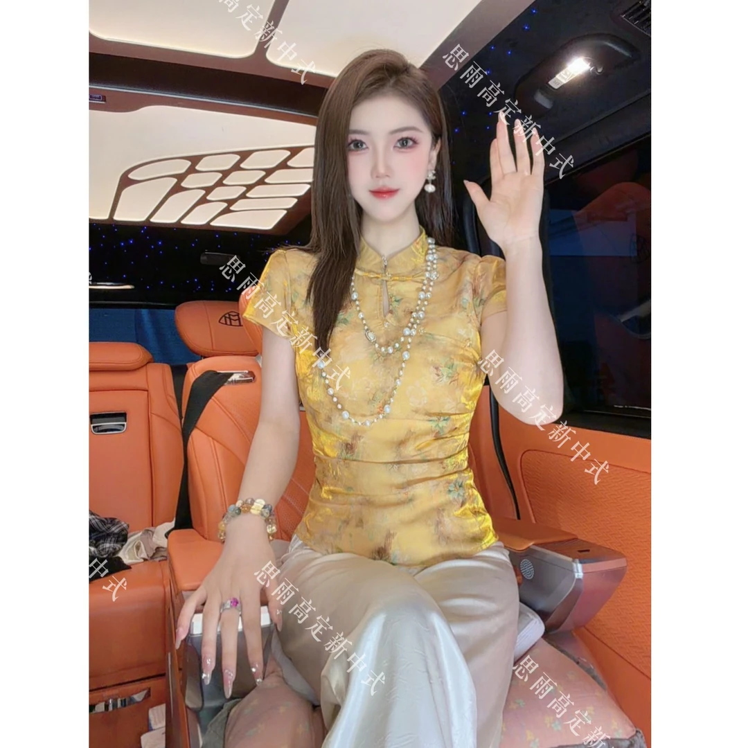 【花开半夏】春夏款新中式老钱风重工盘口金丝细闪短袖上衣2623