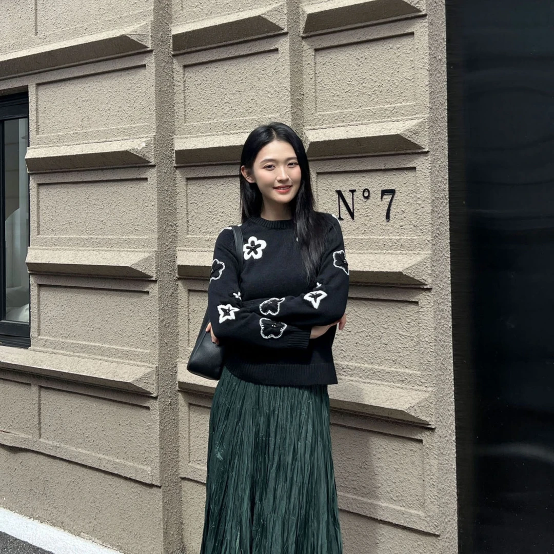 女士新款过年衣服2025早春可外穿高级修身显瘦印花毛衣长袖针织衫