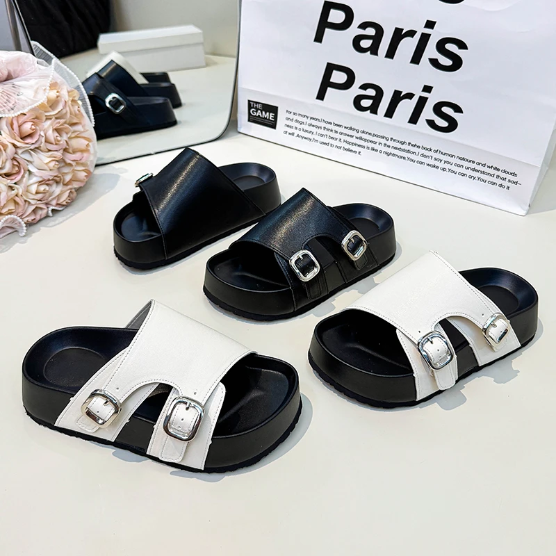 加肥加宽大码女鞋与爱私奔厚底增高复古一字松糕运动休闲勃肯凉鞋