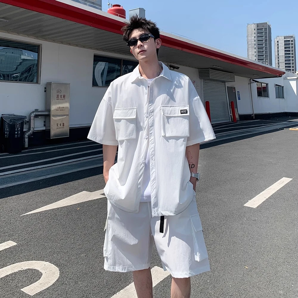 凉感速干运动休闲套装男夏季潮流美式复古工装短袖衬衫短裤一整套