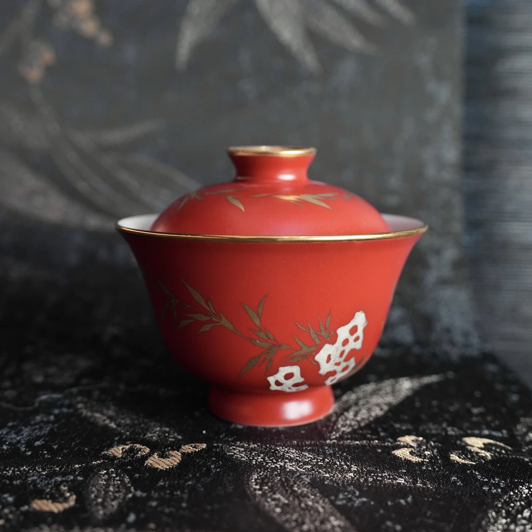 【阿霁x唐人祥】景德镇非遗颜色釉陶瓷梵红金错银竹石盖碗