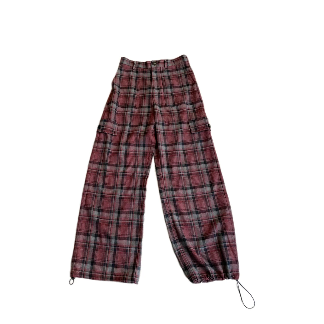 0912-美式复古红色大格子撞色可抽绳休闲工装裤