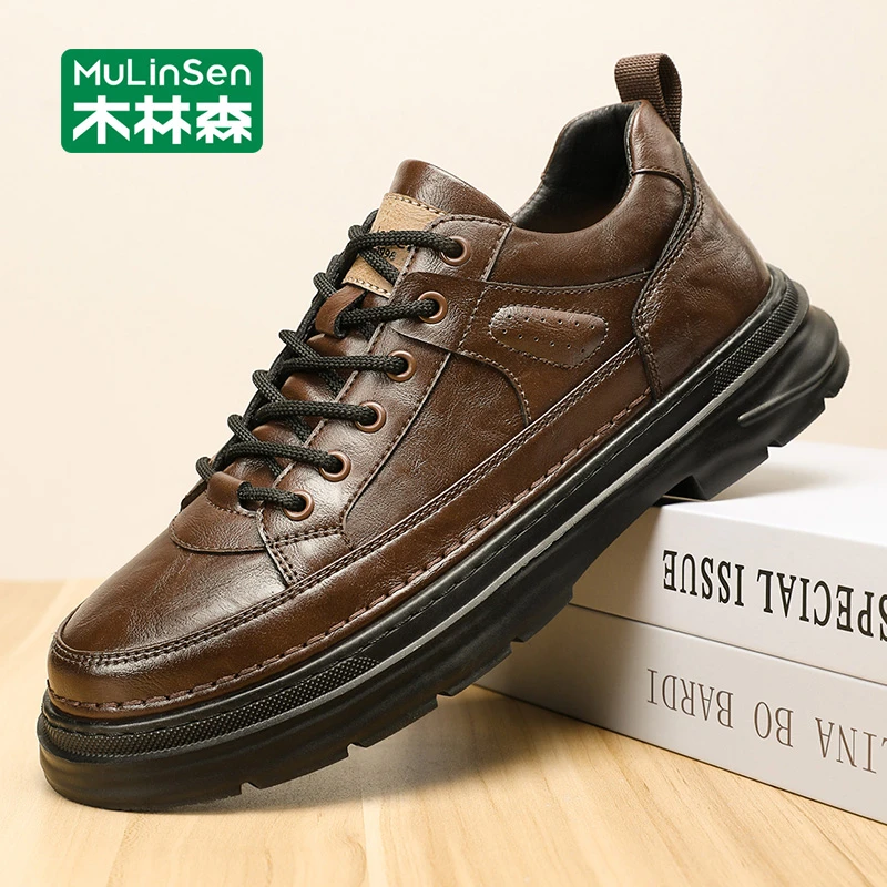 木林森皮鞋男2025新款秋季青少年休闲男士板鞋厚底耐磨英伦风潮鞋