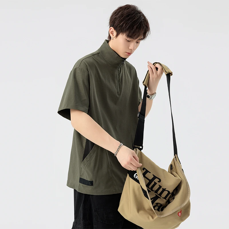 GOONJDKE夏季男士潮流大码短袖胖男生加肥加大t恤休闲半开领T恤男