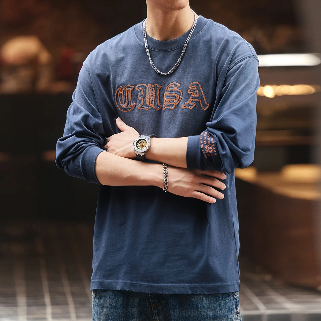 格蓝鹿美式复古洗水渐变长袖t恤男士秋季新款宽松刺绣圆领卫衣潮