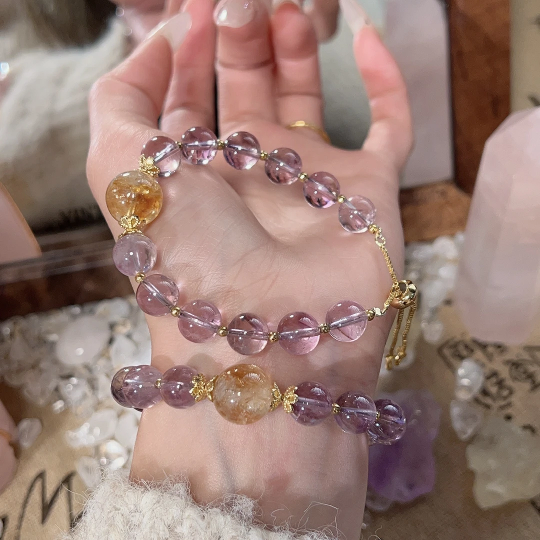【顺紫】9m紫水晶+12m黄塔晶顶珠手串原创设计天然水晶Z146