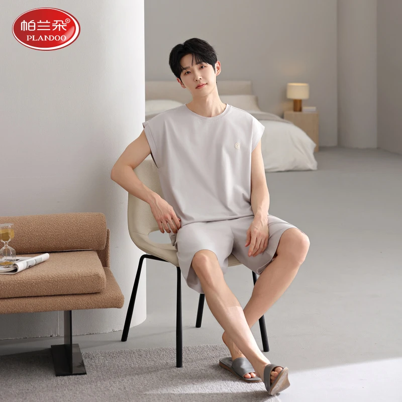 帕兰朵夏季纯棉睡衣男士薄款无袖坎肩青少年纯色加大码家居服套装