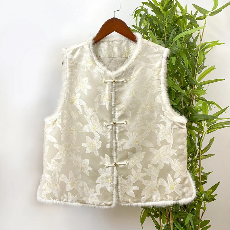 【白百合】新中式国风复古秋冬加绒加厚款水貂毛填充桑蚕丝宋锦马甲