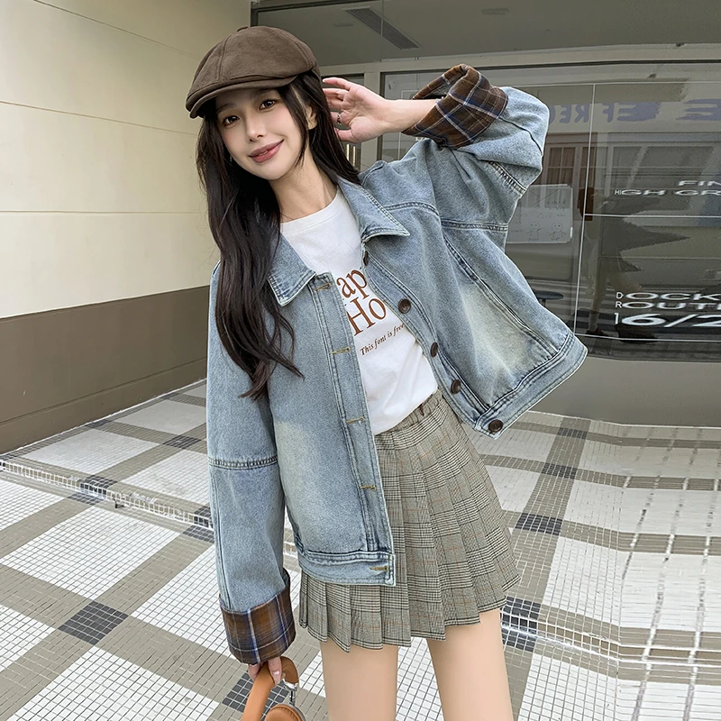 韩版拼接格子短款牛仔外套女2025春季新款长袖小众宽松小个子上衣
