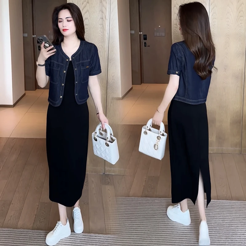 时尚套装裙夏季气质洋气休闲减龄显瘦牛仔短袖黑色裙两件套