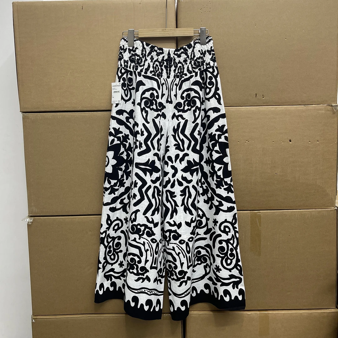 外贸沅货！！夏季新款亚麻透气阔腿裤 印花松紧腰高腰百搭休闲女裤