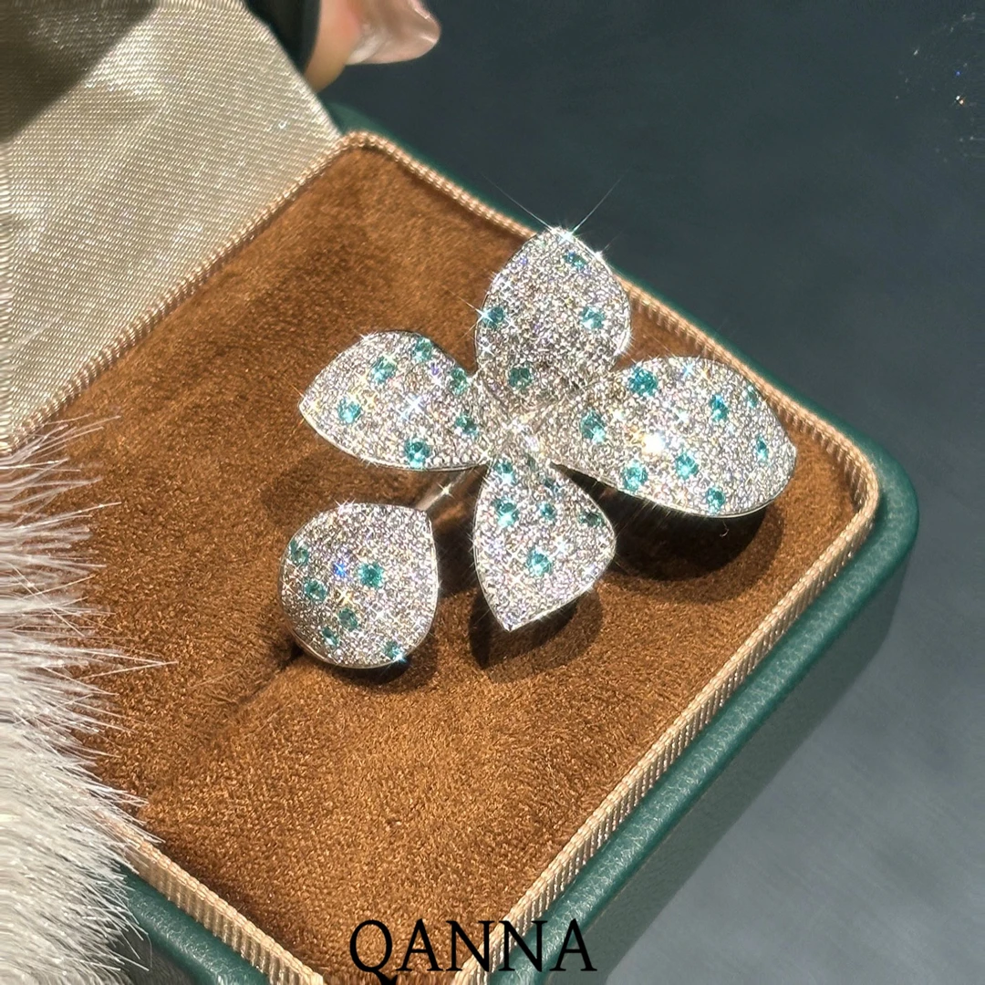 QANNA【蓝色超大号米兰花园】【满钻花朵】秘密花园豪华钻石戒指AY
