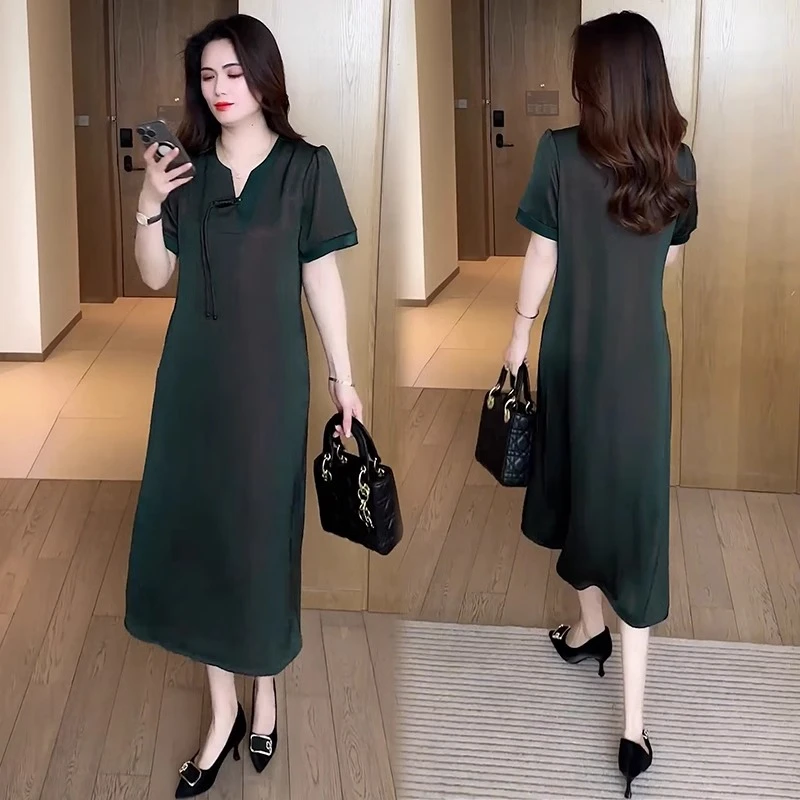 时尚新中式连衣裙女2025夏季新款洋气遮肉显瘦拼接真丝缎中长裙子