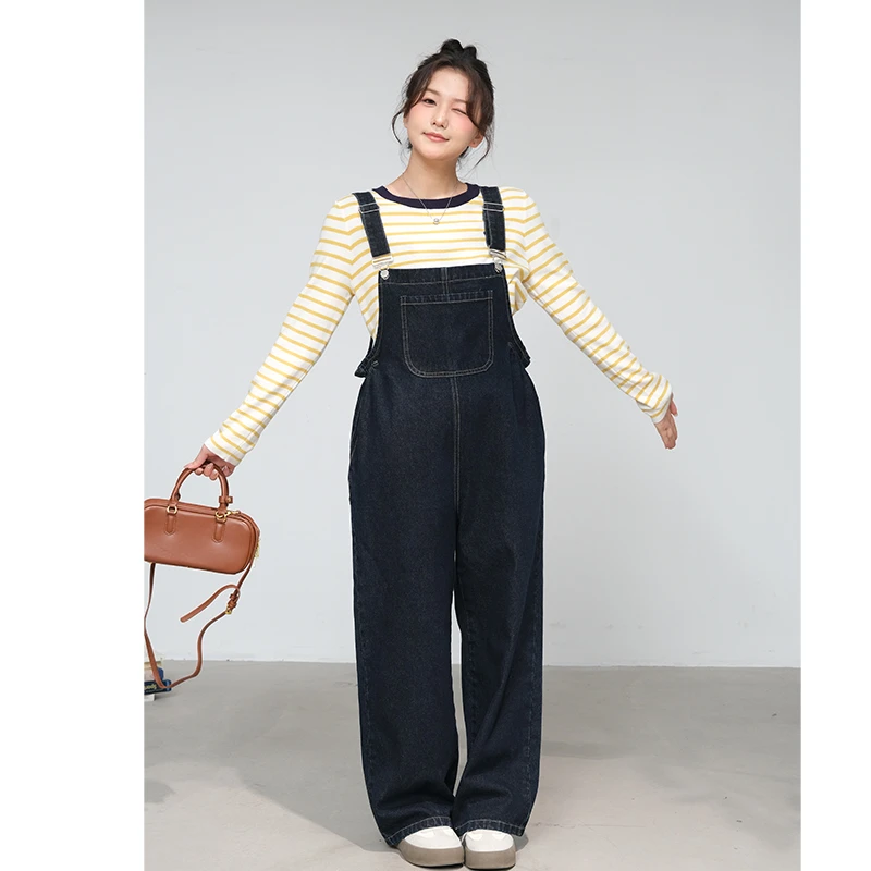 微胖慵懒通勤两侧收褶设计感牛仔背带裤腿显瘦直筒 3389