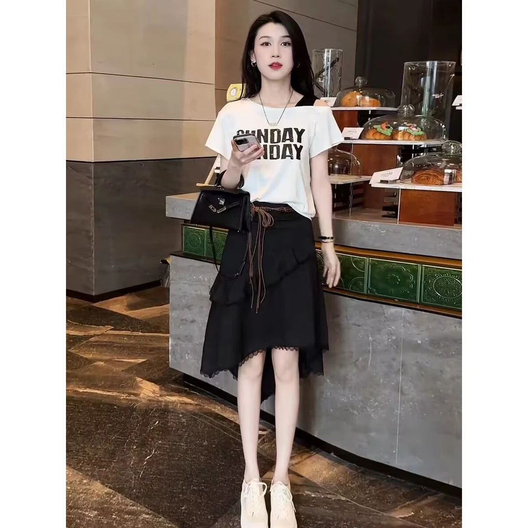 夏天超好看套装女韩系时尚减龄露肩短袖T恤不规则半身裙两件套潮