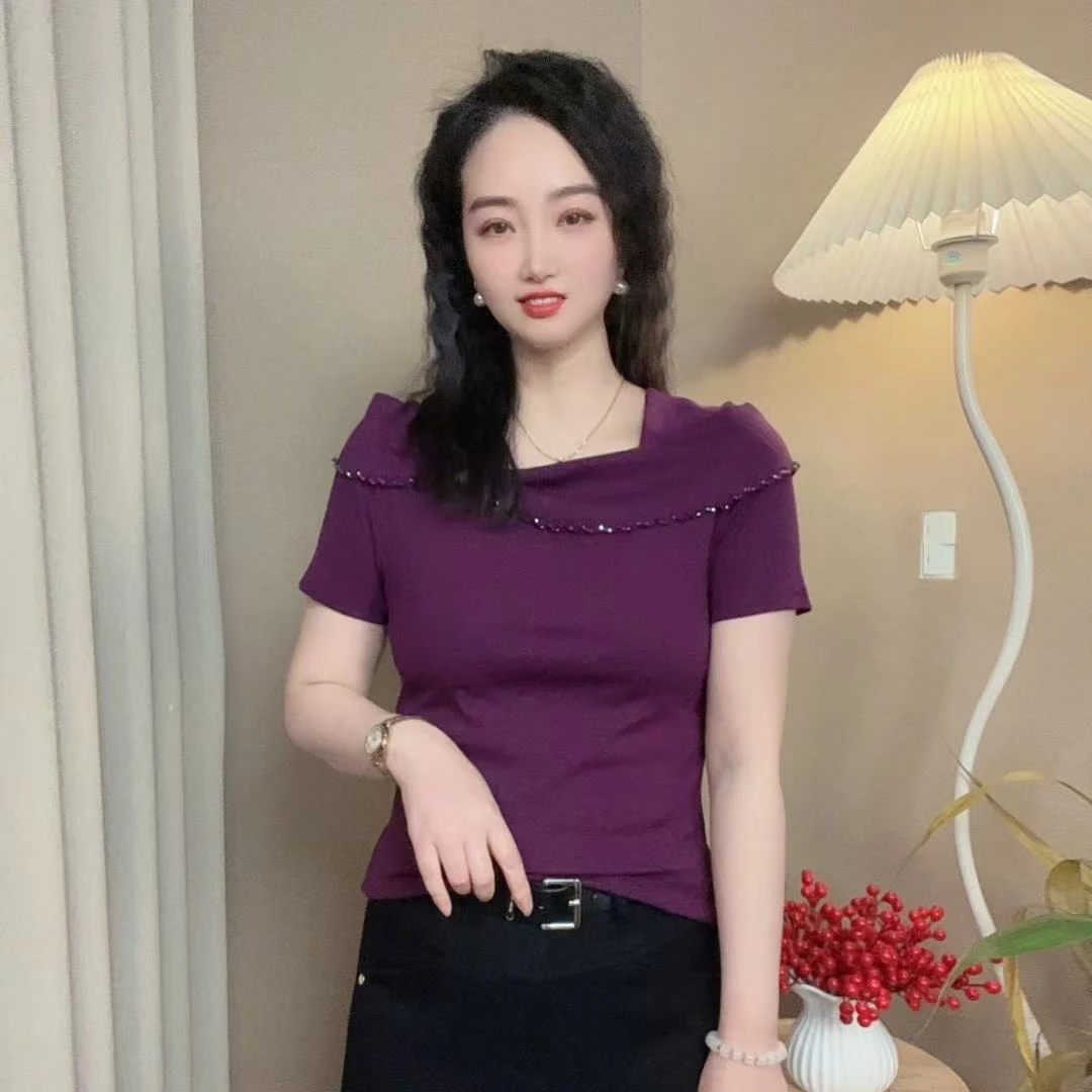 春夏季时尚洋气设计感短袖棉T恤显瘦百搭气质减龄女士小众上衣