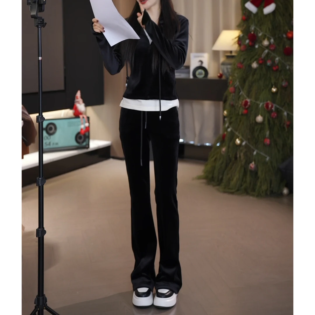 假两件加绒加厚连帽套头丝绒卫衣+长裤套装LK2500986