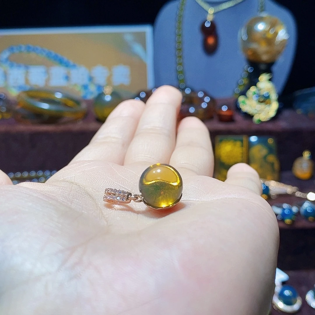 林***)蓝珀银S925镀金镶嵌颈饰定制11m➕高蓝净水吊坠