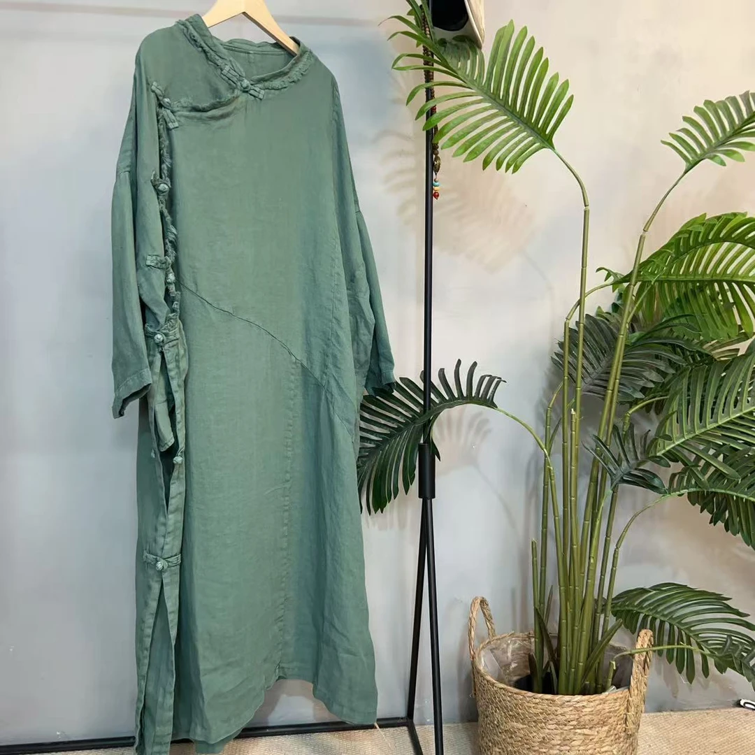 【M808】 糖糖麻衣 长款斜襟亚麻毛边长袖拼接连衣裙