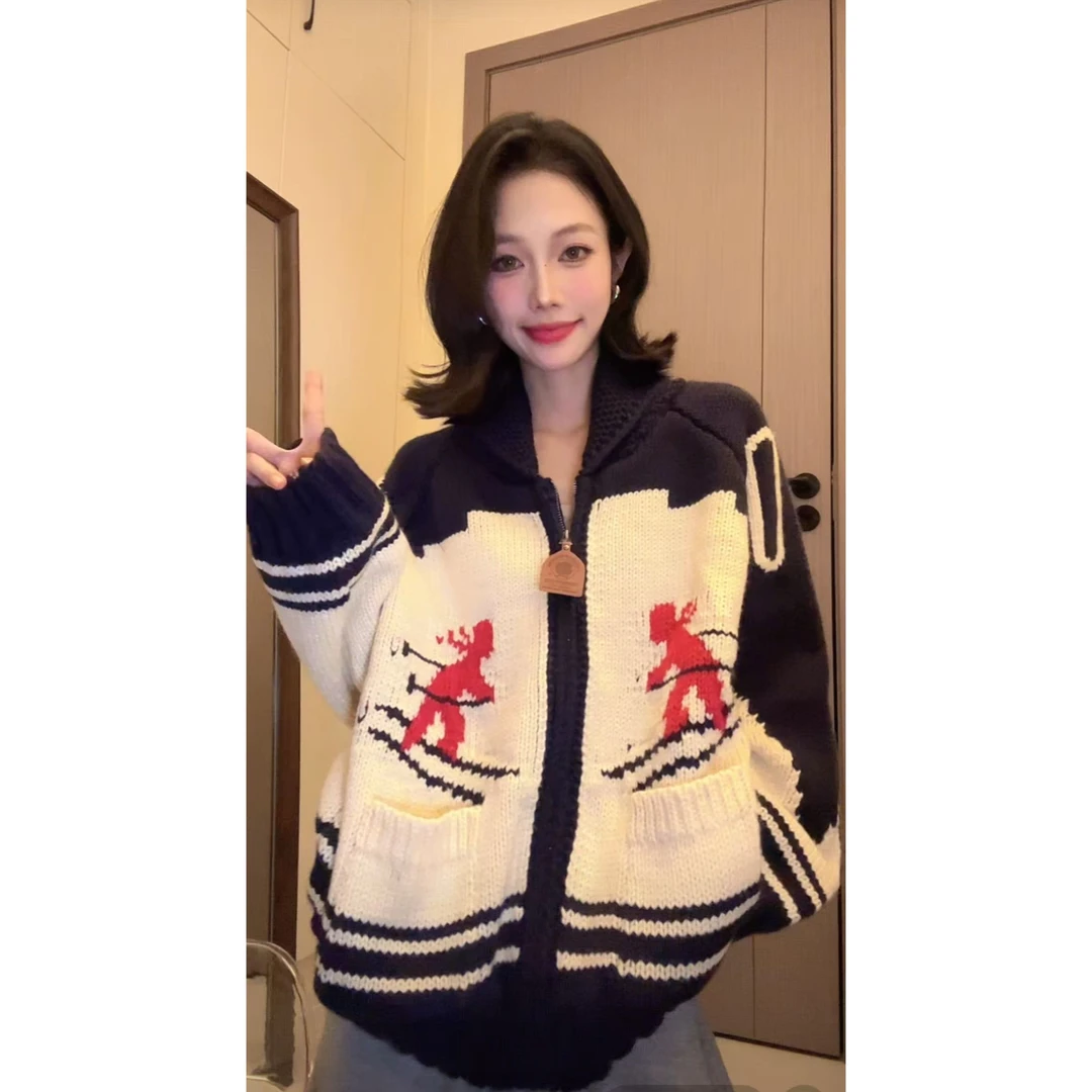 费尔岛拉链毛衣外套女秋冬高级感慵懒宽松韩系短款针织开衫F01671