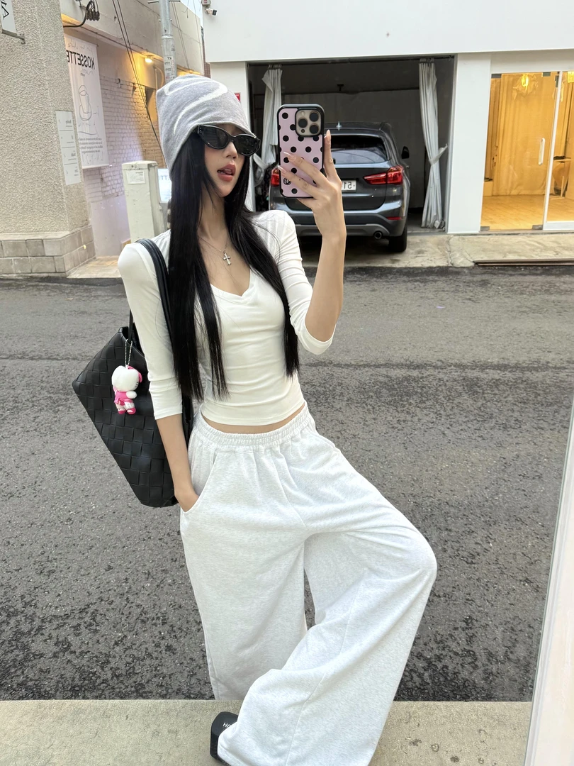 韩版纯欲辣妹修身显瘦旅行度假长袖上衣宽松简约垂感阔腿长裤春秋