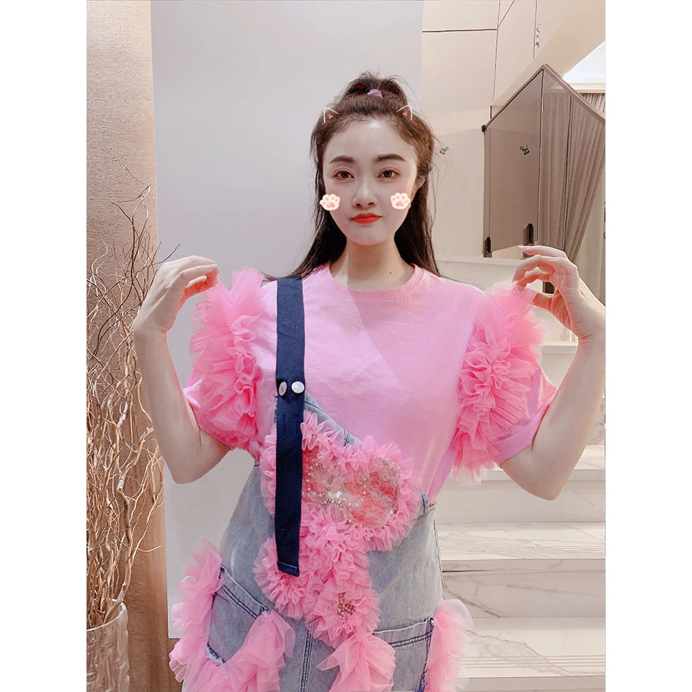 设计师定制小众飞飞袖拼接蕾丝花边棉T恤女洋气