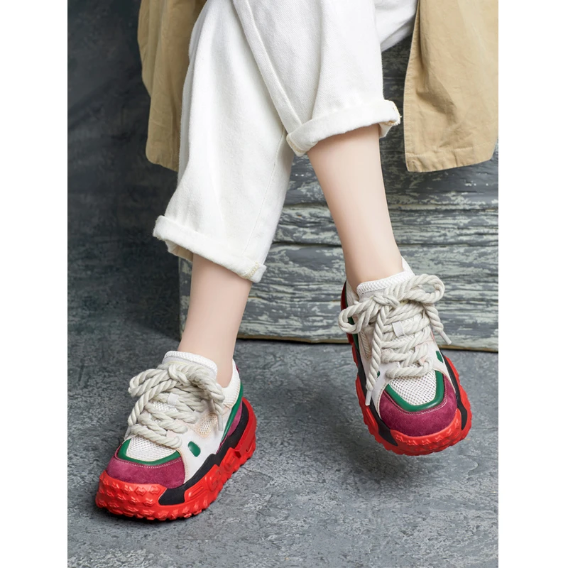 2025春季新款真皮圆头英伦风系带时尚厚底休闲轻便老爹鞋