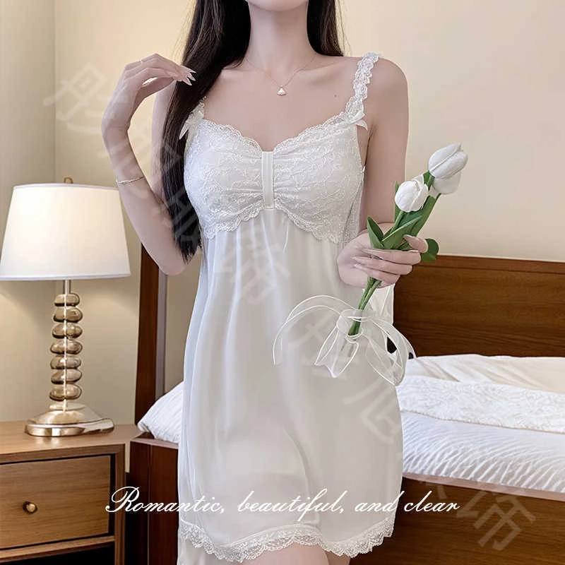 2025新款睡衣女春夏秋吊带蕾丝花边胸垫法式情调露背睡裙套装睡袍