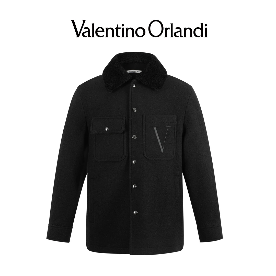 Valentino orlandi男士秋冬B版简约商务刺绣V标绵羊毛毛呢外套