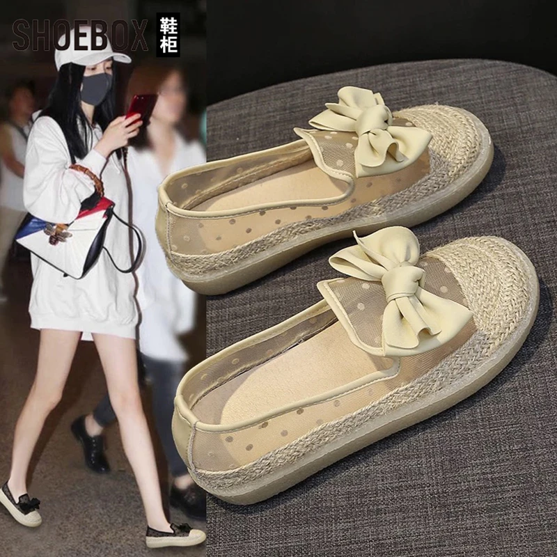SHOEBOX鞋柜蝴蝶结网纱乐福鞋女2025夏新款透气一脚蹬渔夫单鞋