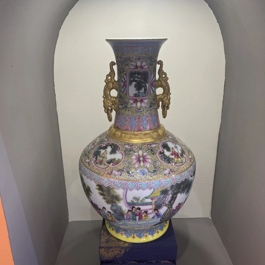 钟家窑 柴窑 纯手绘 松石绿斗彩 描金 花瓶