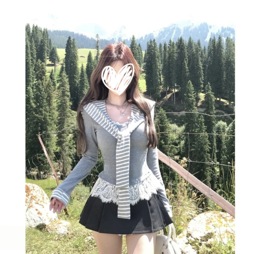 美式复古花边辣妹修身条纹坎肩蕾丝t恤女