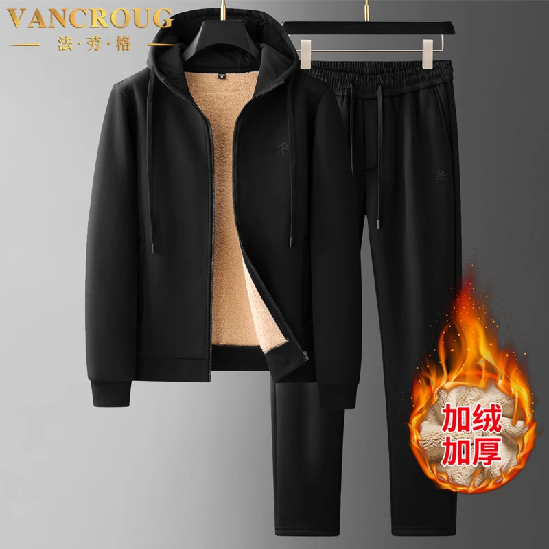 VANCROUG/法劳格时尚套装男士秋冬羊羔绒休闲运动宽松加绒两件套