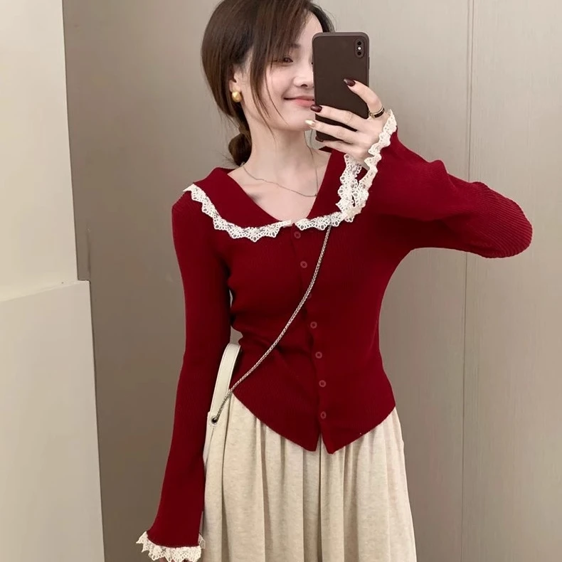 秋冬法式气质高级感过年红色开衫打底毛衣女内搭针织衫翻领上衣服