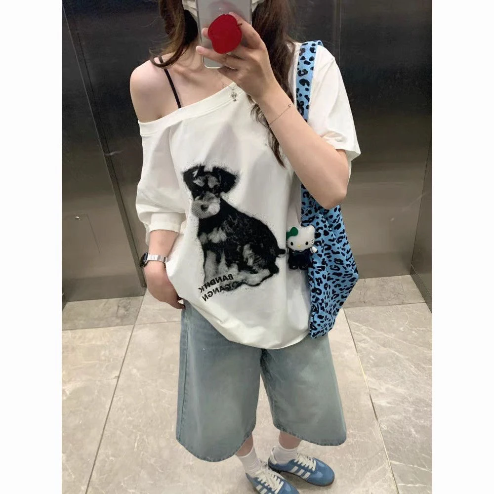 9936#大码夏季小狗印花宽松休闲慵懒高级感露肩上衣