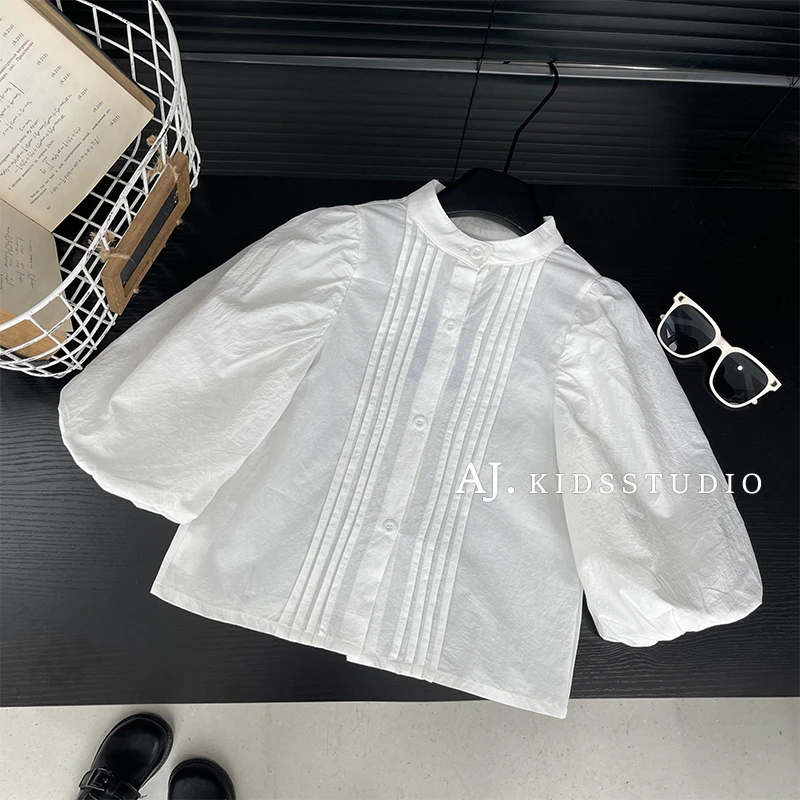 阿卷春秋装韩版儿童时尚剪裁简约泡泡袖设计长袖衬衫MPG6783-PP3