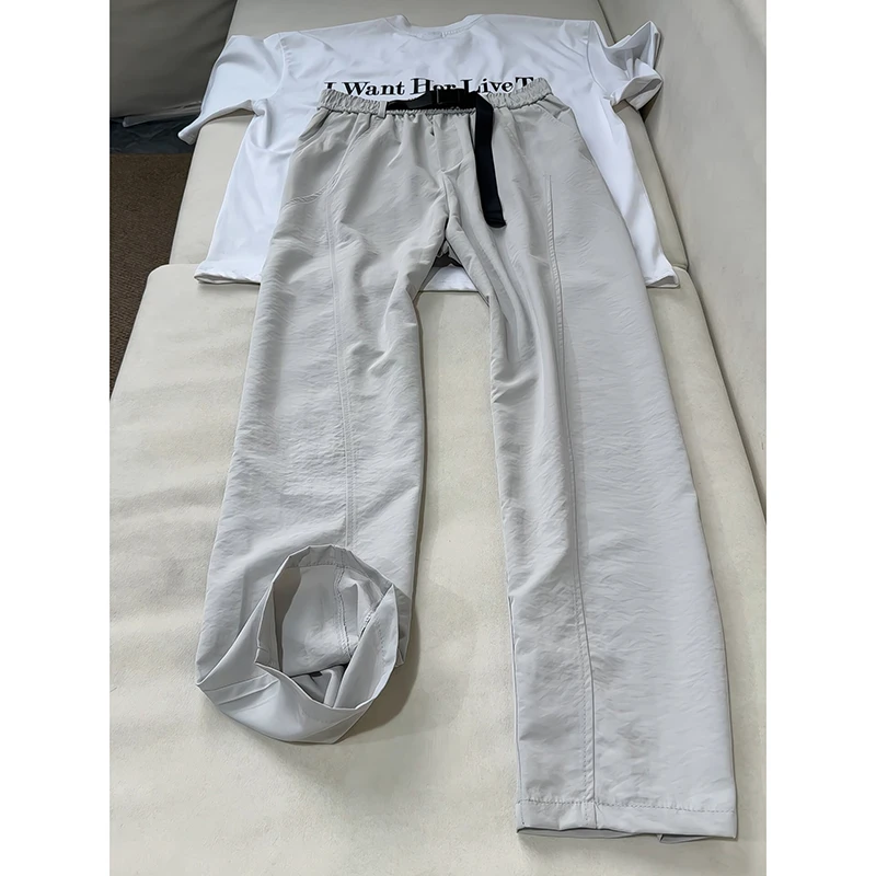 浅灰色斜切弯刀裤男夏季薄款速干凉感冰丝裤垂感直筒阔腿休闲裤