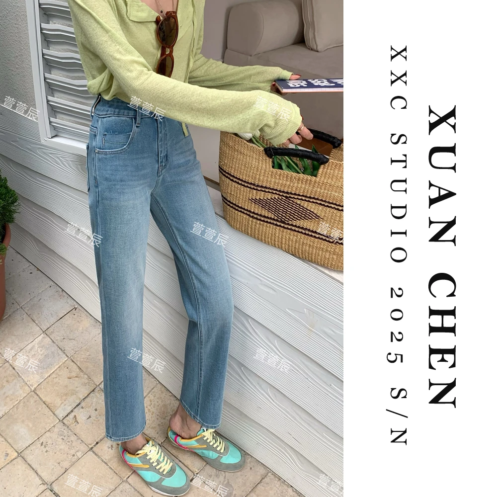 【九分烟管】春季网红款浅色网红牛仔裤韩版百搭显瘦直筒烟管裤8075