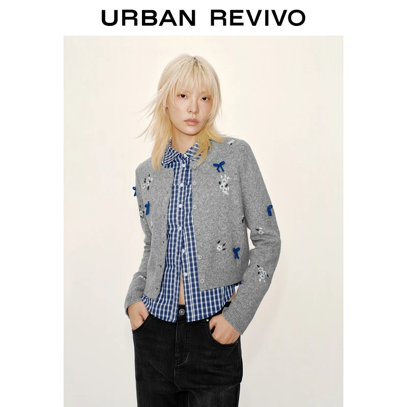 UR2025秋季新款女装休闲蝴蝶结花卉提花针织开衫UYY950136