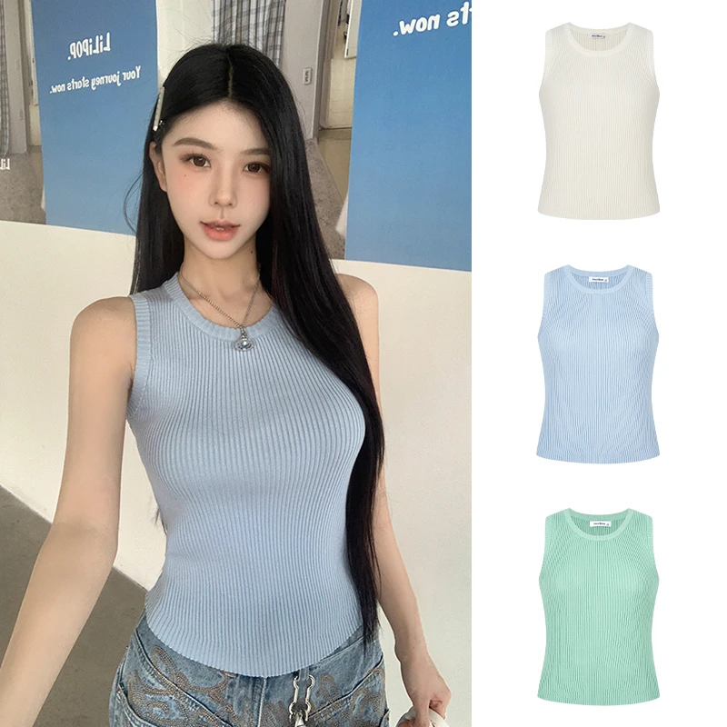 Moses Queen/魔西女王竖条纹圆领针织背心外穿修身打底无袖上衣