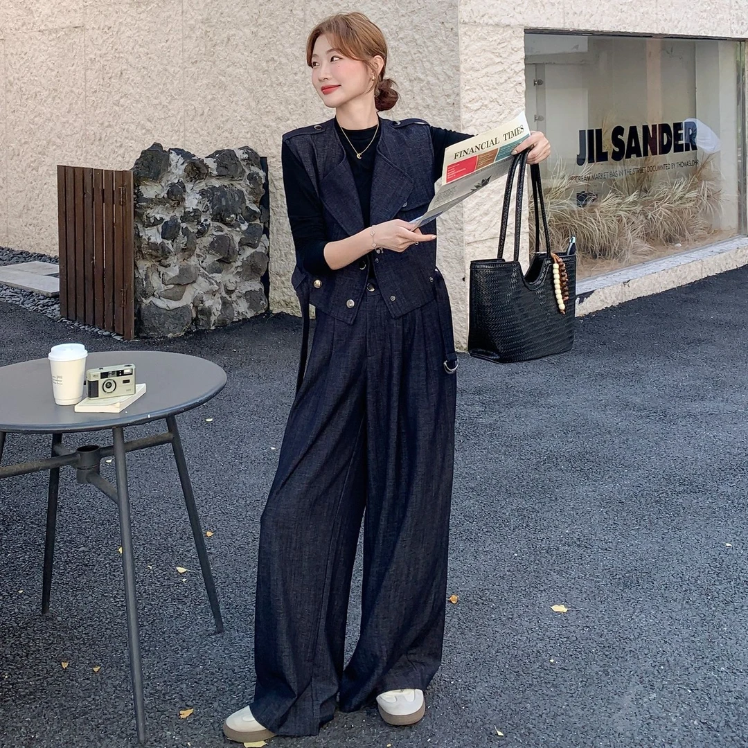 酷飒拽姐一整套穿搭套装女2025秋季气质收腰马甲高腰阔腿裤两件套