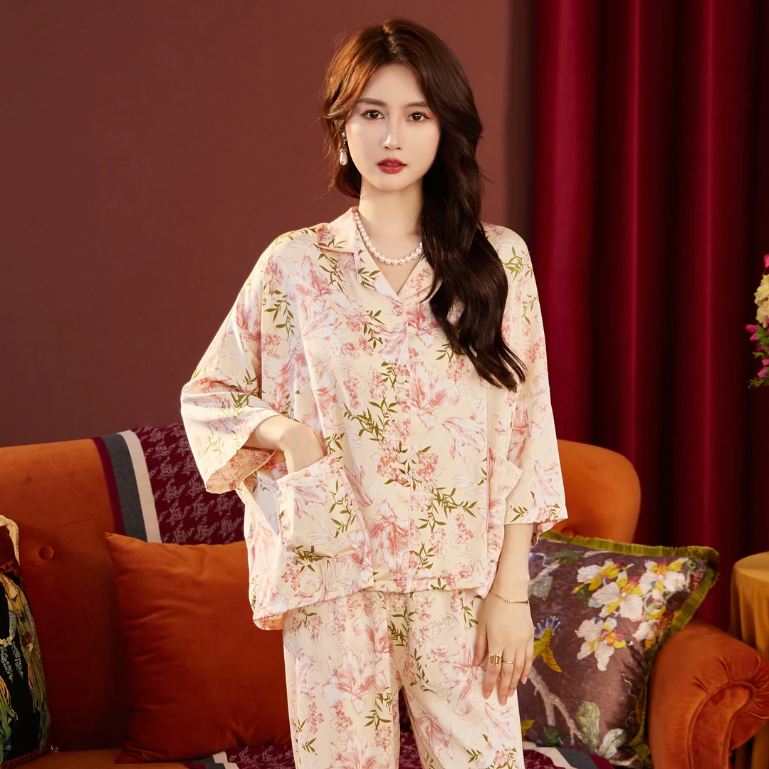 春秋宽松睡衣提花睡裙植物花卉时尚套装薄款女士家居服睡衣套装