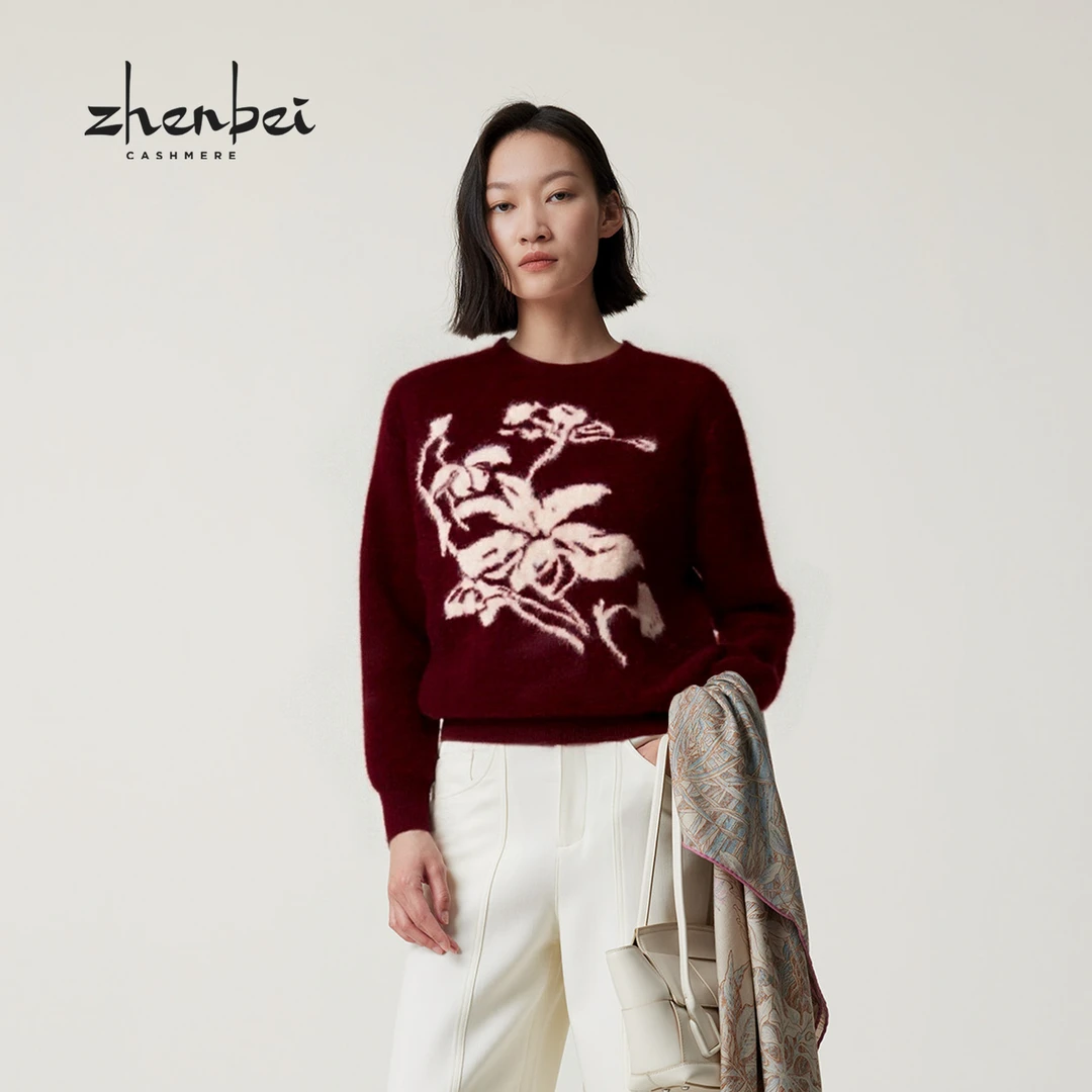 ZB/珍贝2025秋冬新品 圣诞红新年红绒绒圆领提花女衫/56490Q