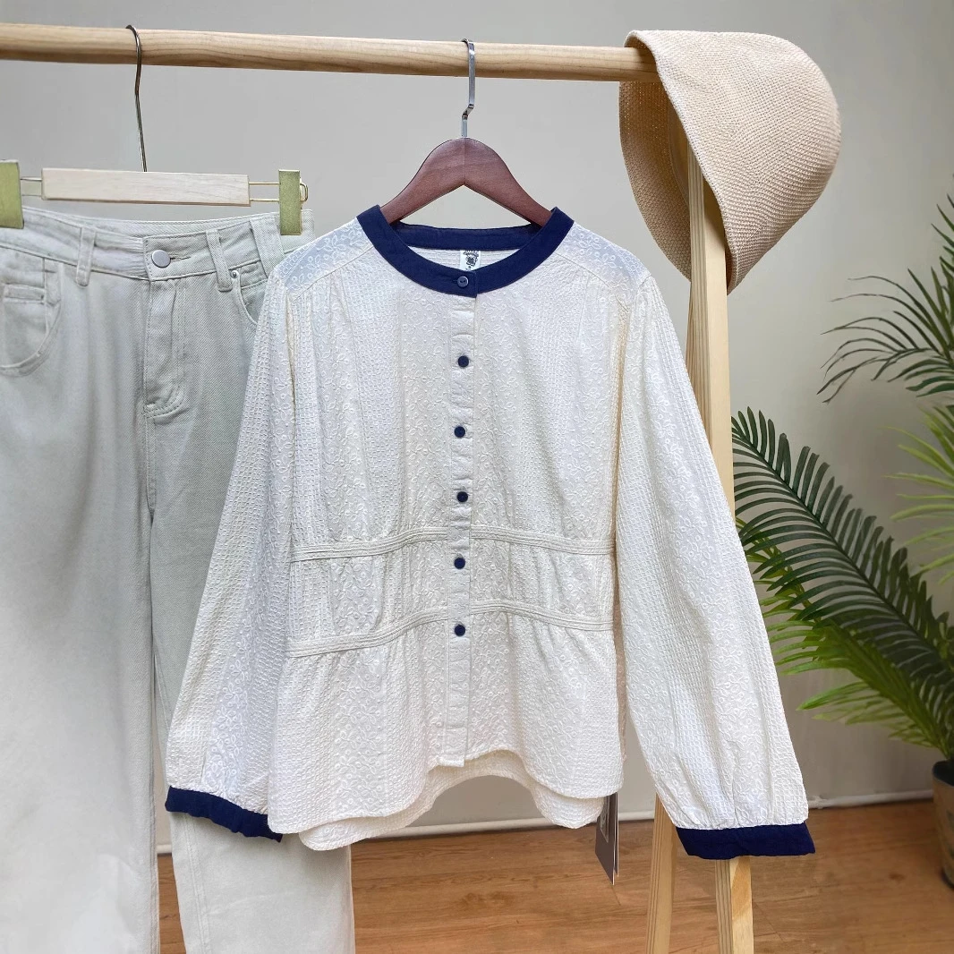 【圆领满身刺绣拼接棉纱衬衫】9325