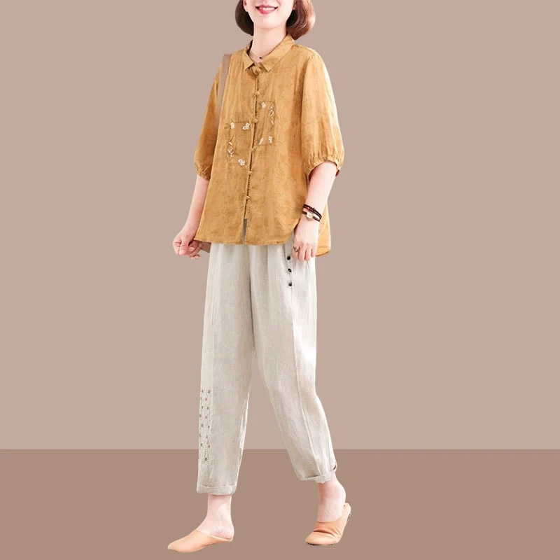 2025夏装时尚新款韩版印花复古刺绣宽松休闲衬衫高端亚麻休闲套装