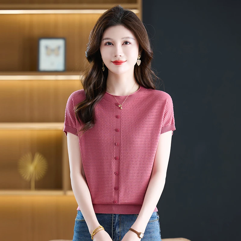夏季100%天丝女士圆领宽松显瘦套头百搭减龄短款时尚短袖针织衫