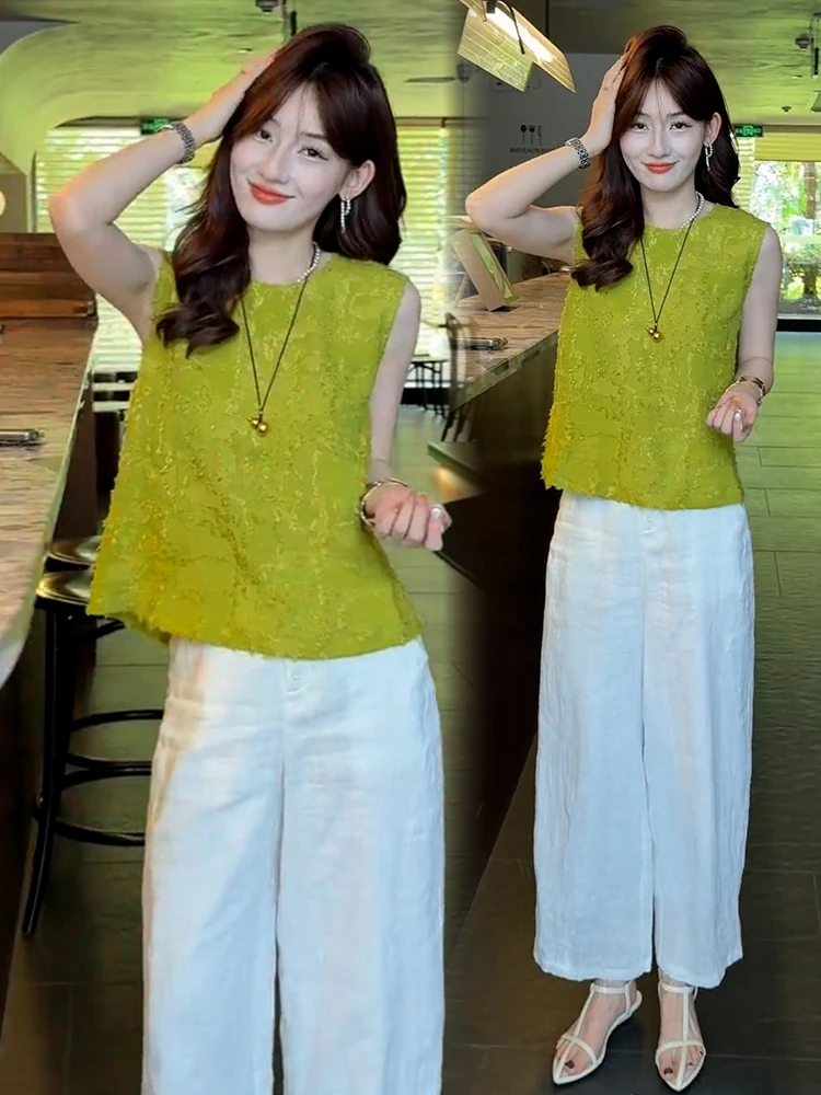 时尚套装女2025夏季新款时髦洋气设计感无袖上衣阔腿裤气质两件套