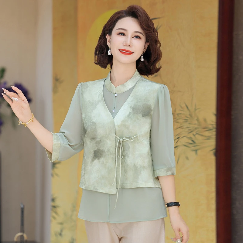 新中式妈妈春装洋气小衫2025新款中老年女装国风短袖上衣夏季