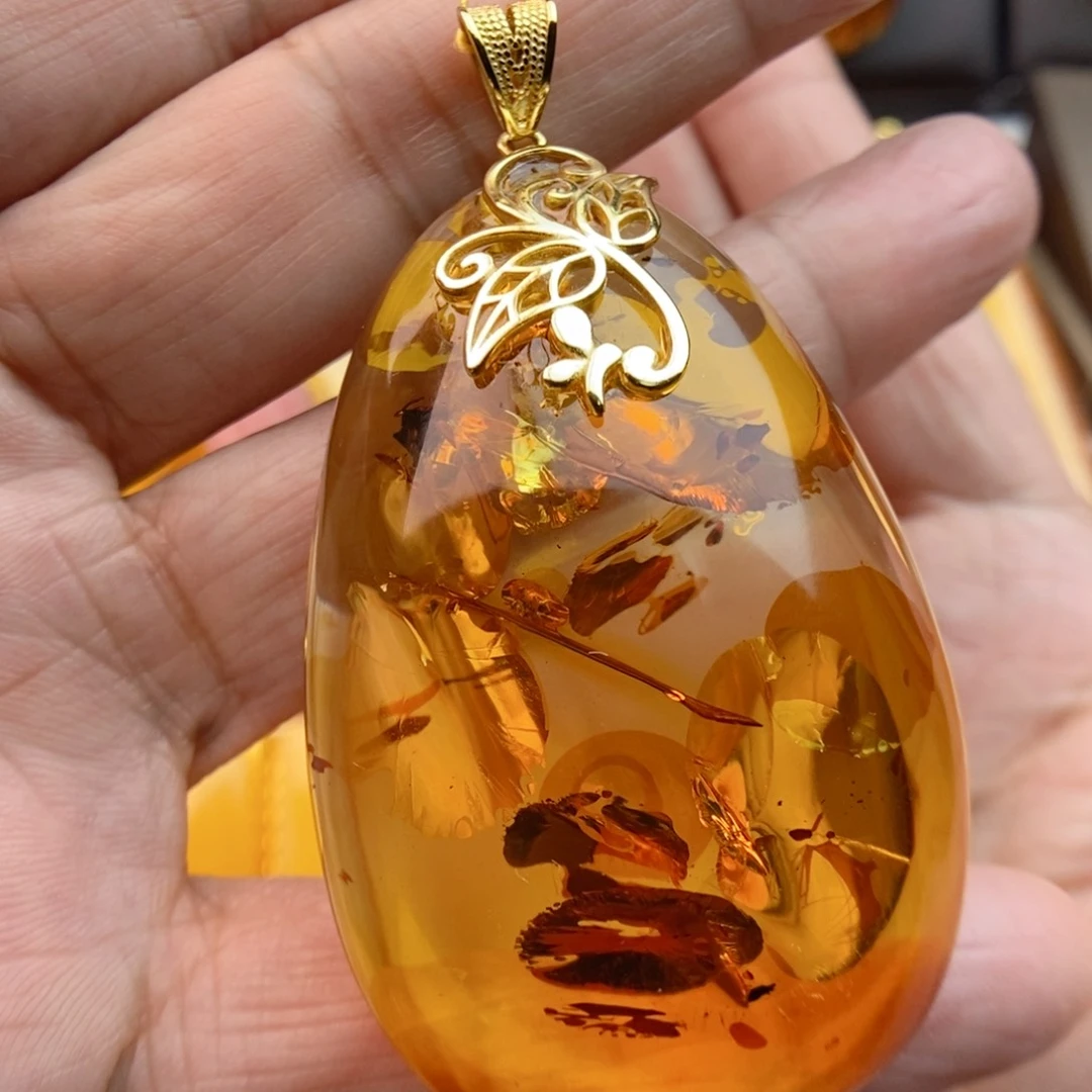 琥珀颈饰银S925镀金镶嵌